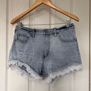 Free People Light Wash Denim Shorts with Crochet Details